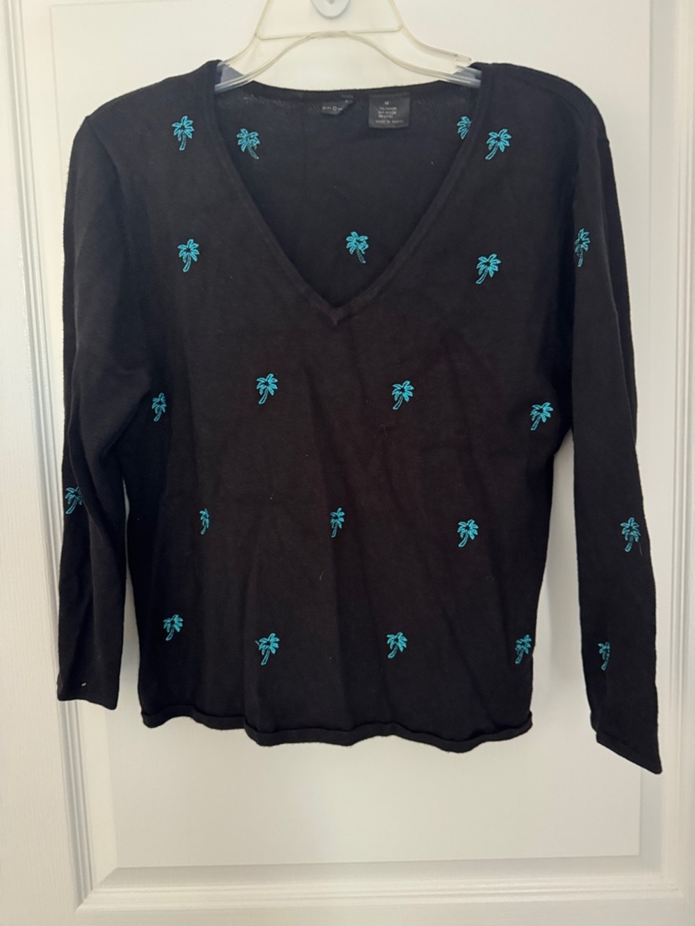 Black V-Neck Sweater with Teal Palm Embroidery